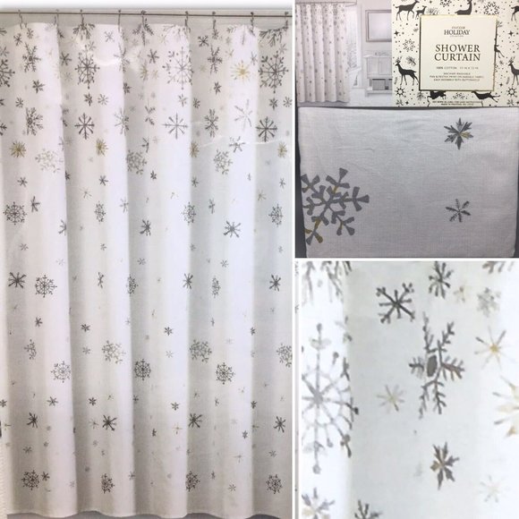 Envogue Shimmer Snowflake Shower Curtain Silver Gold Snowfall Christmas Holiday - Picture 1 of 5